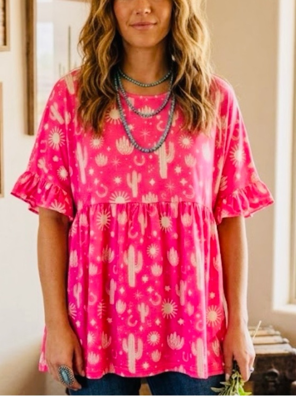 Pink Cactus Print Ruffle-Sleeve Women’s Top